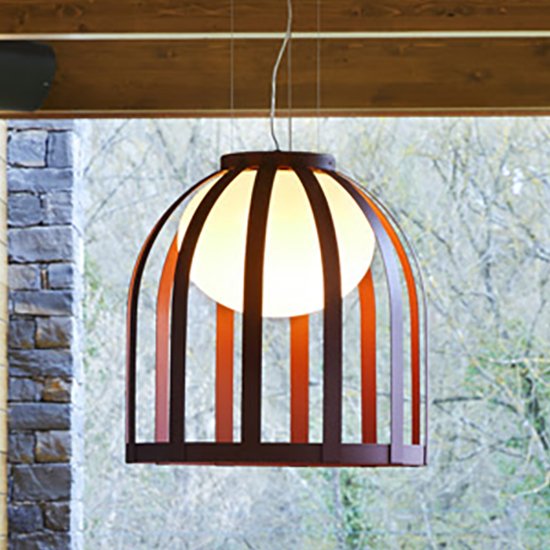 Bols pendant light in ox red close up blurry picture