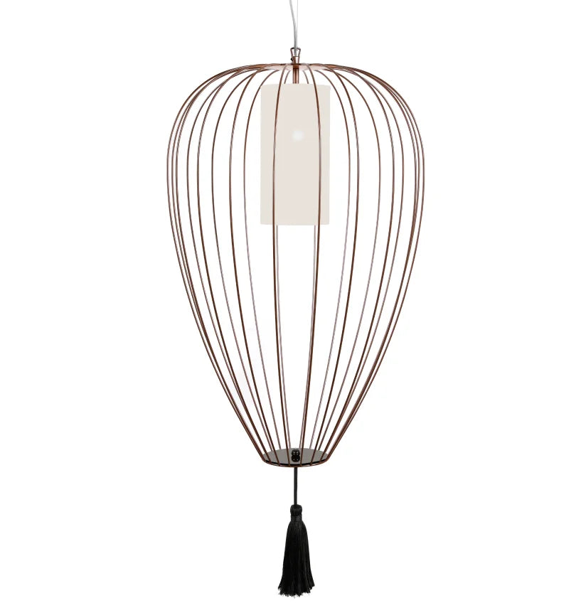Cell Pendant Lamp, Tall, 88 cm H, Bronze Metal with White Linen and Black Tassel, E27, IP20