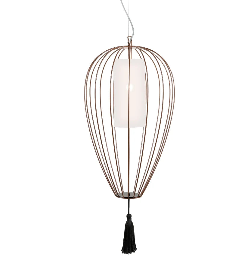 Cell Pendant Lamp, Tall, 58 cm H, Bronze Metal with White Linen and Black Tassel, E27, IP20