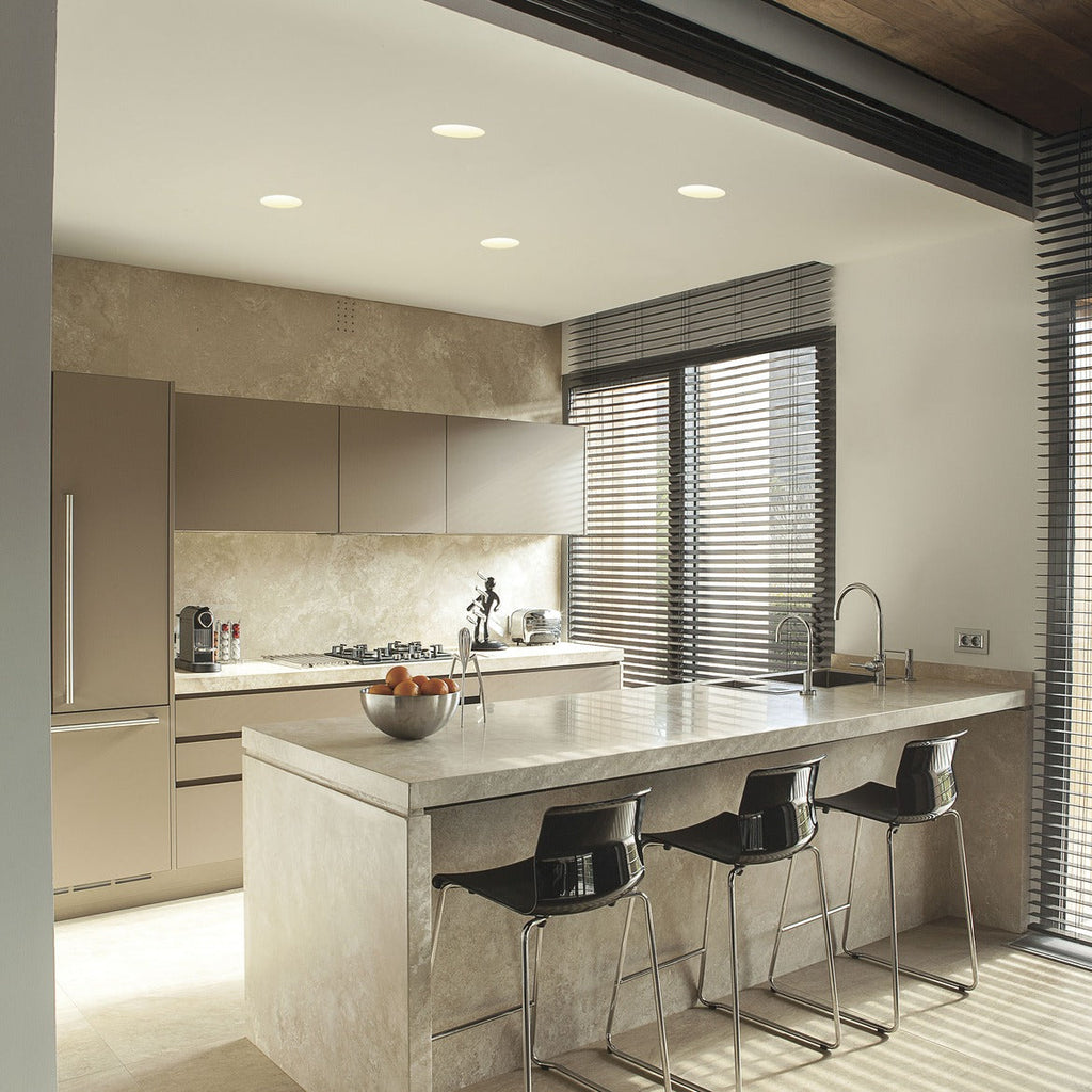 Blanco Round Plastered In Recessed Downlights in Situ in Small Kitchen