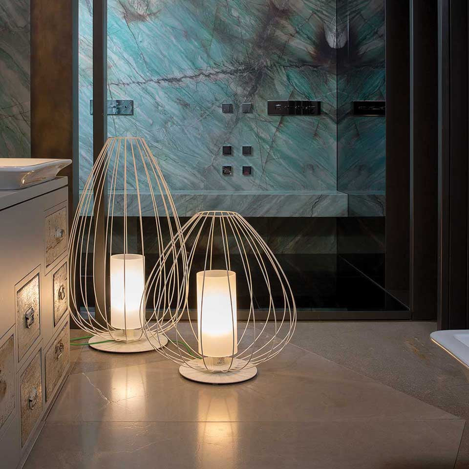 Cell Floor Lamp, Tall, 88 cm H, Bronze Metal with White Linen, E27, IP20