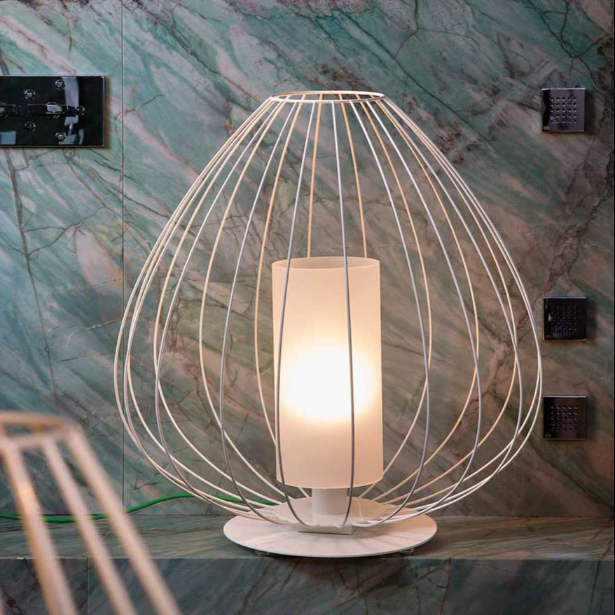 Cell Table Lamp, Wide, 62 cm H, Bronze Metal with White Linen, E27, IP20