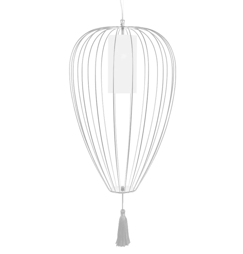 Cell Pendant Lamp, Tall, 88 cm H, White Metal with White Linen and White Tassel, E27, IP20