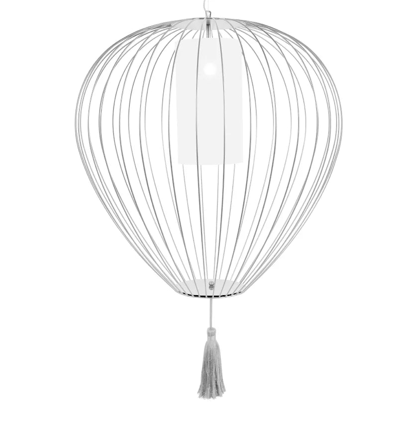Cell Pendant Lamp, Wide, 89 cm H, White Metal with White Linen and White Tassel, E27, IP20