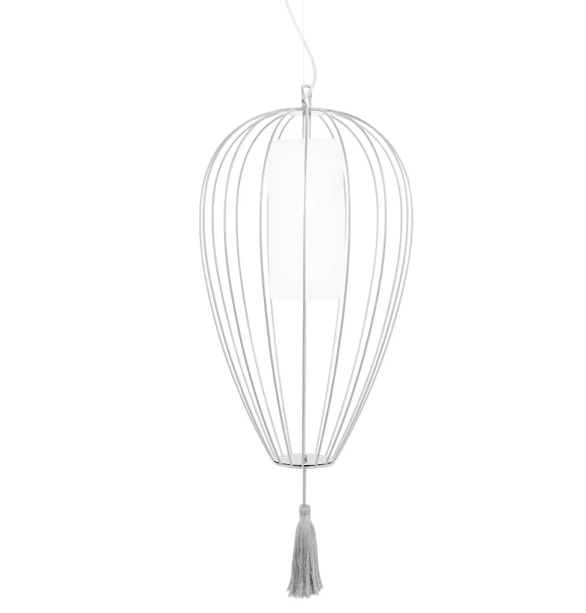 Cell Pendant Lamp, Tall, 58 cm H, White Metal with White Linen and White Tassel, E27, IP20
