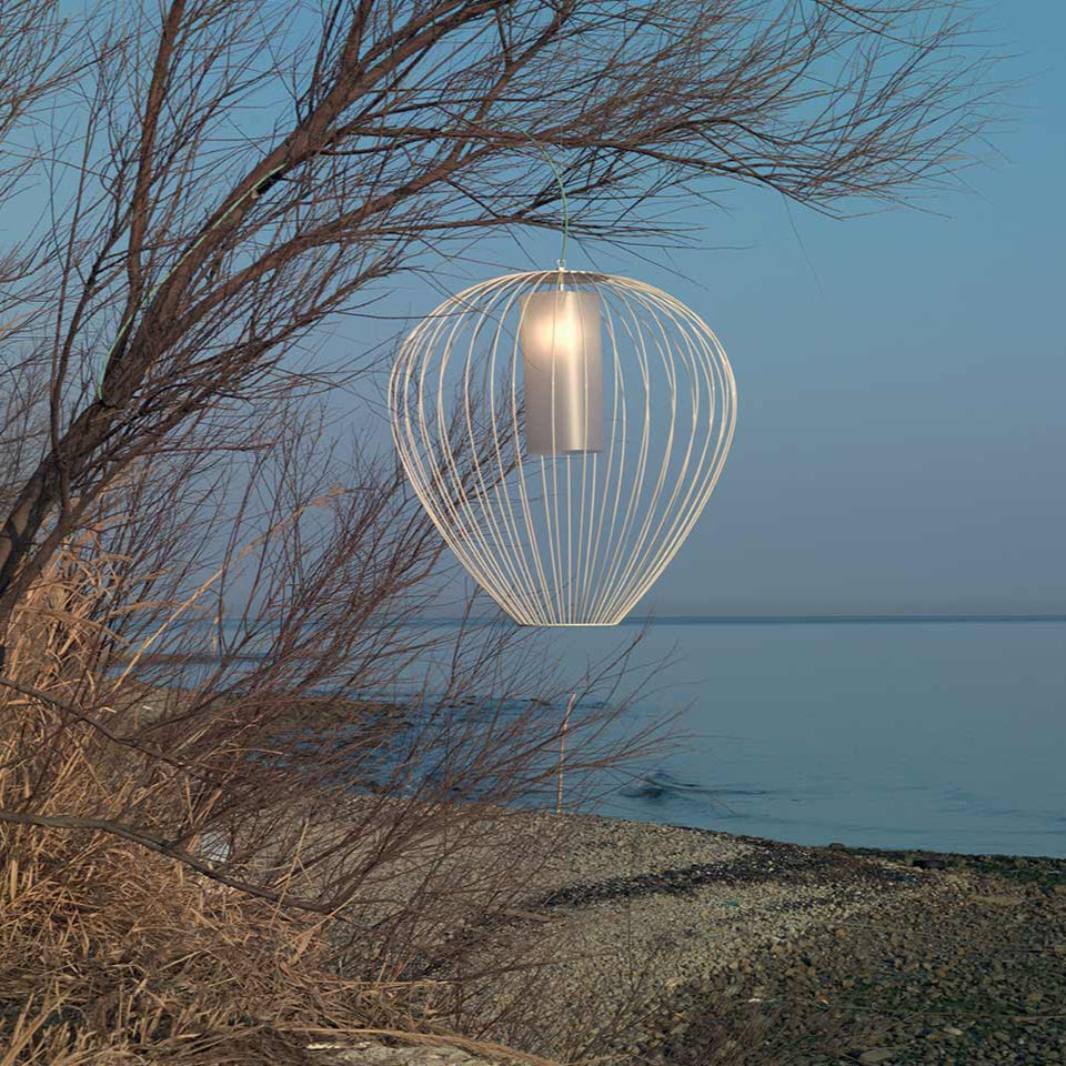 Cell Pendant Lamp, Wide, 59 cm H, White Metal with White Poly, E27, IP65