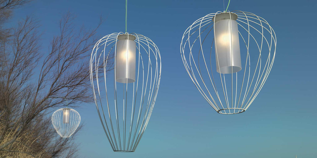 Cell Pendant Lamp, Wide, 59 cm H, White Metal with White Poly, E27, IP65