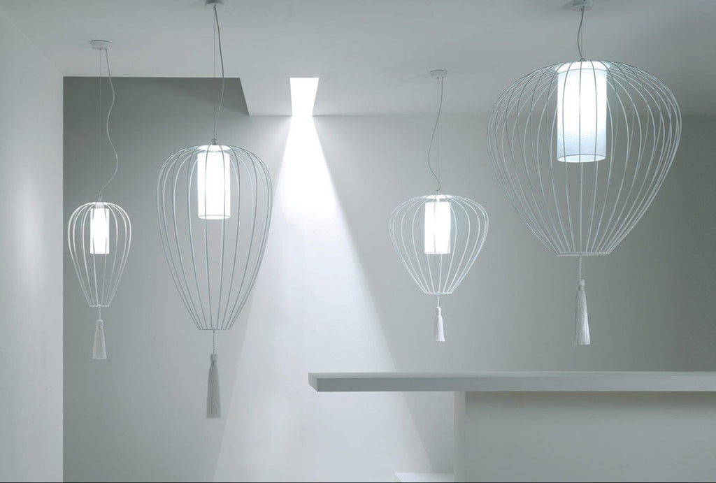 Cell Pendant Lamp, Tall, 88 cm H, White Metal with White Linen and White Tassel, E27, IP20