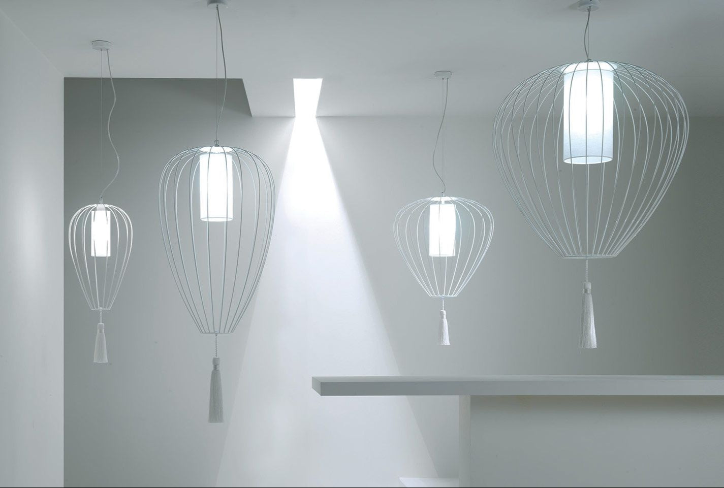 Cell Pendant Lamp, Tall, 58 cm H, White Metal with White Linen and White Tassel, E27, IP20