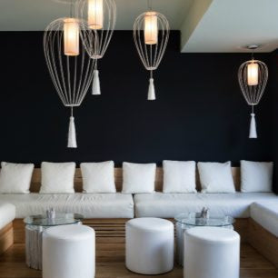 Cell Pendant Lamp, Wide, 89 cm H, White Metal with White Linen and White Tassel, E27, IP20