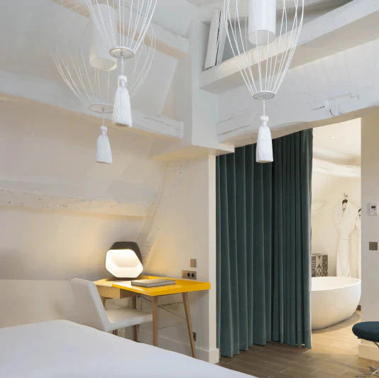 Cell Pendant Lamp, Wide, 89 cm H, White Metal with White Linen and White Tassel, E27, IP20