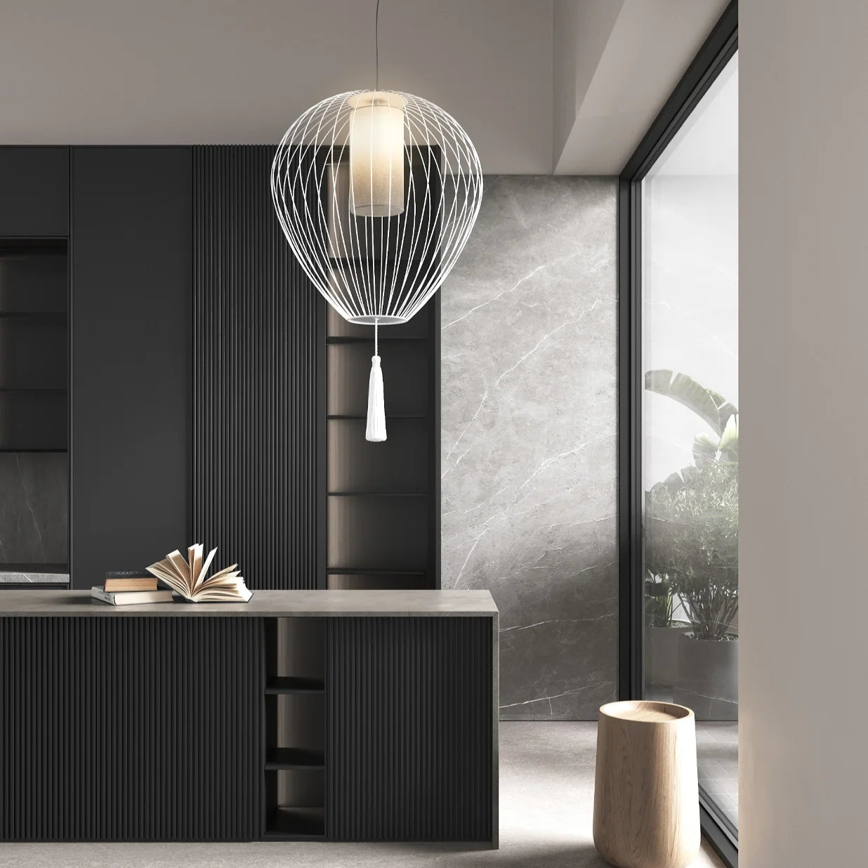 Cell Pendant Lamp, Wide, 89 cm H, Bronze Metal with White Linen and Black Tassel, E27, IP20 (Copy)