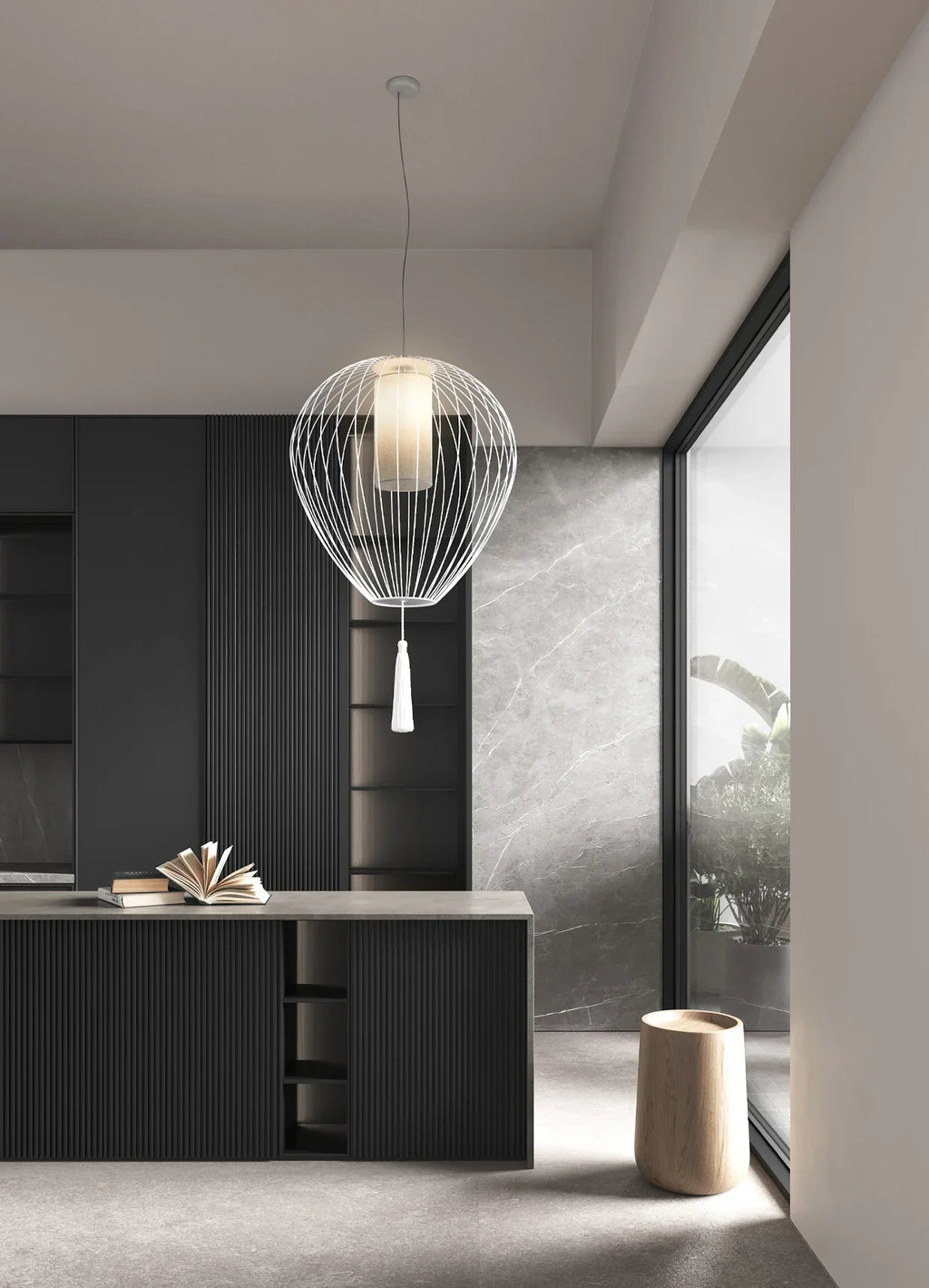 Cell Pendant Lamp, Tall, 58 cm H, White Metal with White Linen and White Tassel, E27, IP20