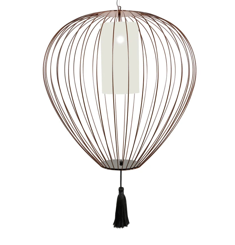 Cell Pendant Lamp, Wide, 59 cm H, Bronze Metal with White Linen and Black Tassel, E27, IP20