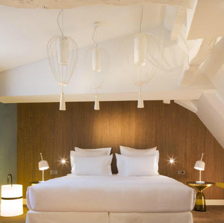 Cell Pendant Lamp, Tall, 88 cm H, White Metal with White Linen and White Tassel, E27, IP20