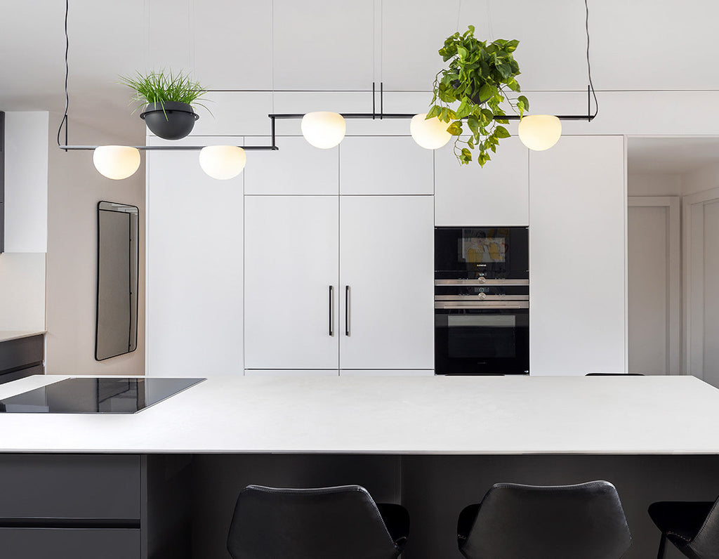 Circ Linear Pendant, Adjustable, 3 Lights, White Glass with Black Hardware, Recessed Mount, LED, Triac Dim, IP20