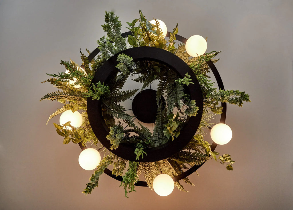Circ Round Pendant, 7 Lights, White Glass with Gold Hardware and Faux Greenery, Recessed Mount, LED, Triac Dim, IP20