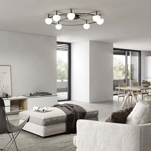 Circ Round Pendant, 7 Lights, White Glass with Gold Hardware, Surface Mount, LED, Triac Dim, IP20