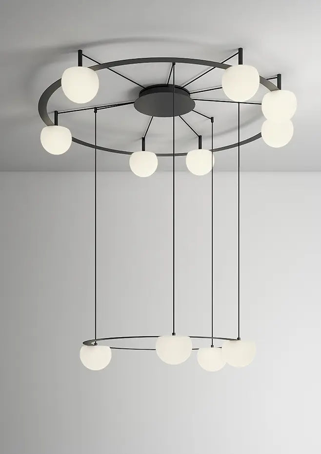 Circ Round Pendant, 2 Tiers, 4 + 7 Lights, White Glass with Black Hardware, Surface Mount, LED, Triac Dim, IP20