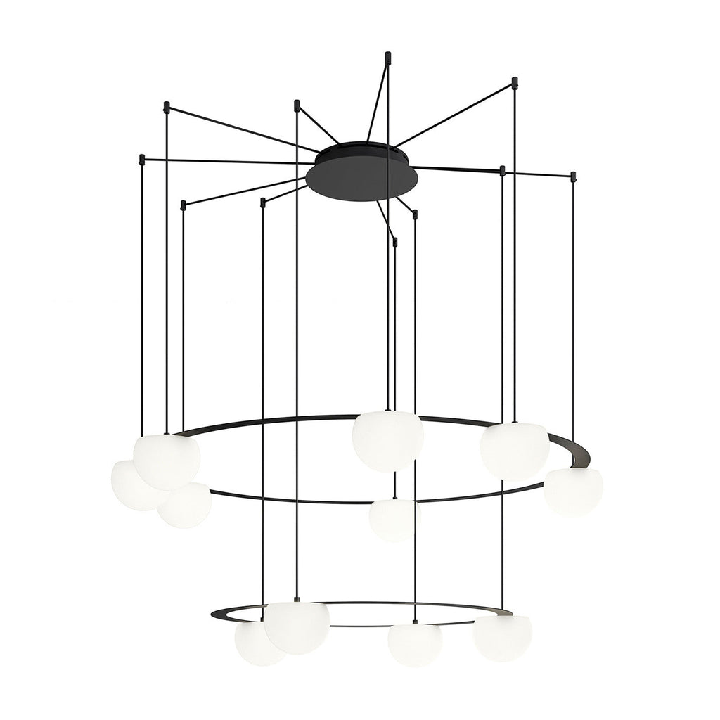 Circ Round Pendant, 2 Tiers, 4 + 7 Lights, White Glass with Black Hardware, Surface Mount, LED, Triac Dim, IP20