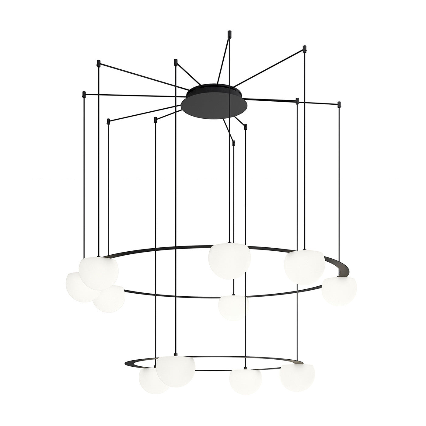 Circ Round Pendant, 2 Tiers, 4 + 7 Lights, White Glass with Black Hardware, Surface Mount, LED, Triac Dim, IP20