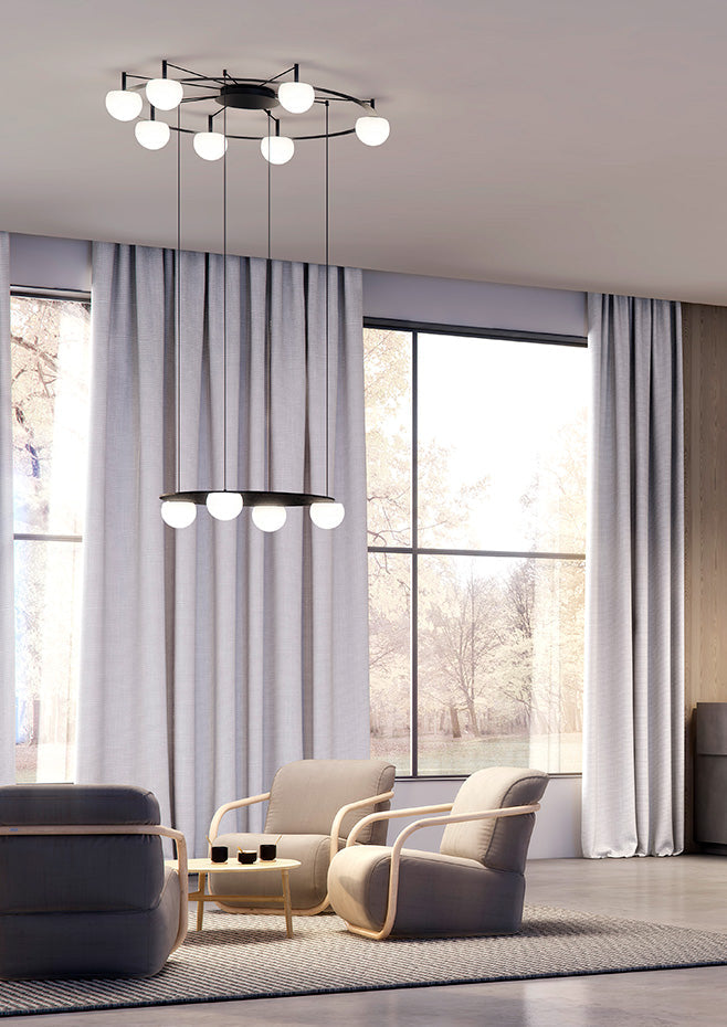 Circ Round Pendant, 2 Tiers, 4 + 7 Lights, White Glass with Black Hardware, Surface Mount, LED, Triac Dim, IP20