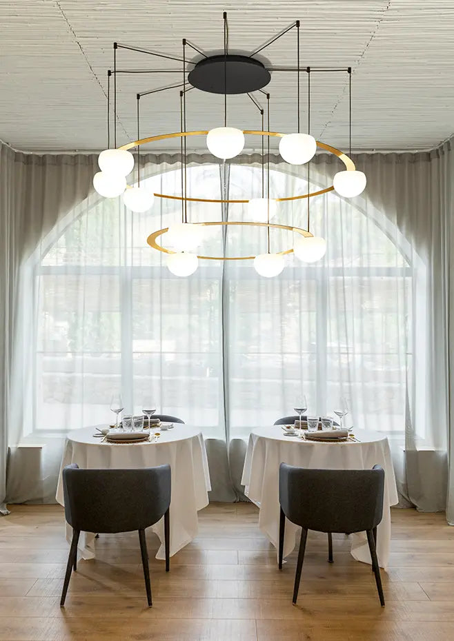 Circ Round Pendant, 2 Tiers, 4 + 7 Lights, White Glass with Black Hardware, Surface Mount, LED, Triac Dim, IP20