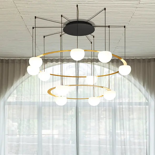 Circ Round Pendant, 2 Tiers, 4 + 7 Lights, White Glass with Gold Hardware, Recessed Mount, LED, Triac Dim, IP20