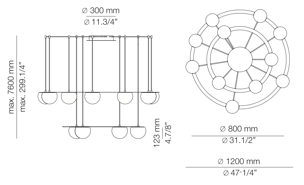 Circ Round Pendant, 2 Tiers, 4 + 7 Lights, White Glass with Black Hardware, Surface Mount, LED, Triac Dim, IP20