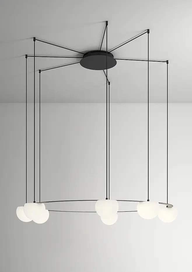 Circ Round Pendant, 7 Lights, White Glass with Black Hardware, Recessed Mount, LED, Triac Dim, IP20