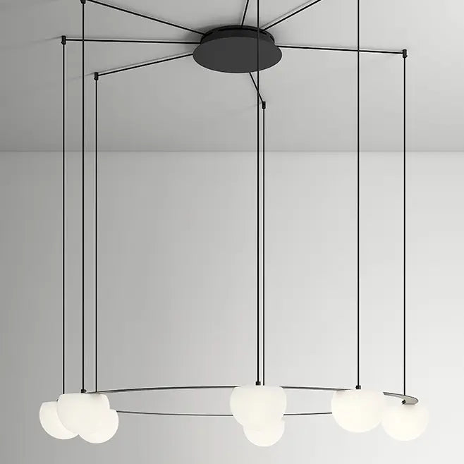 Circ Round Pendant, 7 Lights, White Glass with Black Hardware, Recessed Mount, LED, Triac Dim, IP20