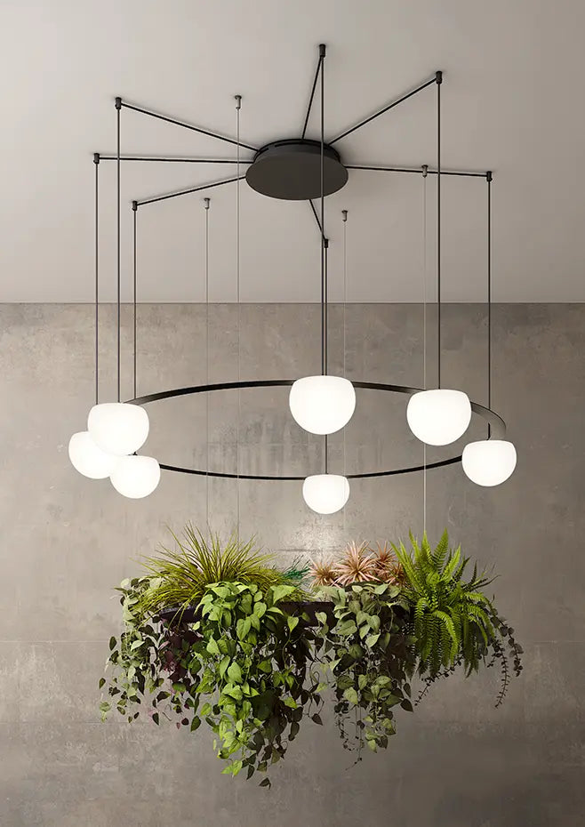 Circ Round Pendant, 7 Lights, White Glass with Gold Hardware and Faux Greenery, Recessed Mount, LED, Triac Dim, IP20