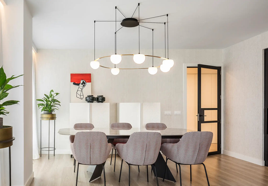 Circ Round Pendant, 4 Lights, White Glass with Gold Hardware, Surface Mount, LED, Triac Dim, IP20