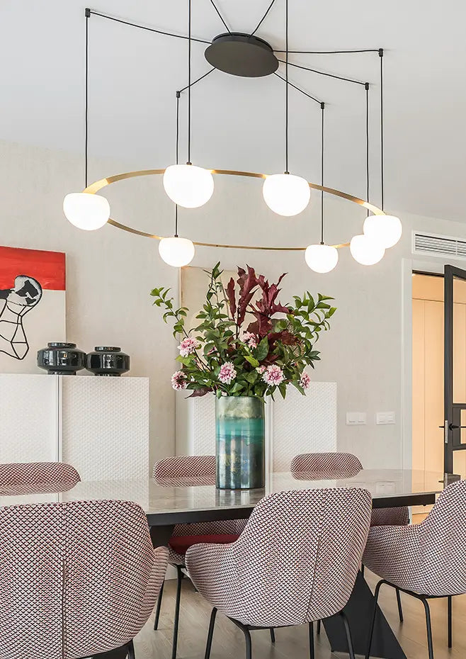 Circ Round Ceiling, 7 Lights, White Glass with Black Hardware, Surface Mount, LED, Triac Dim, IP20