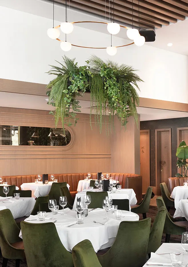 Circ Round Pendant, 7 Lights, White Glass with Black Hardware and Faux Greenery, Recessed Mount, LED, Triac Dim, IP20