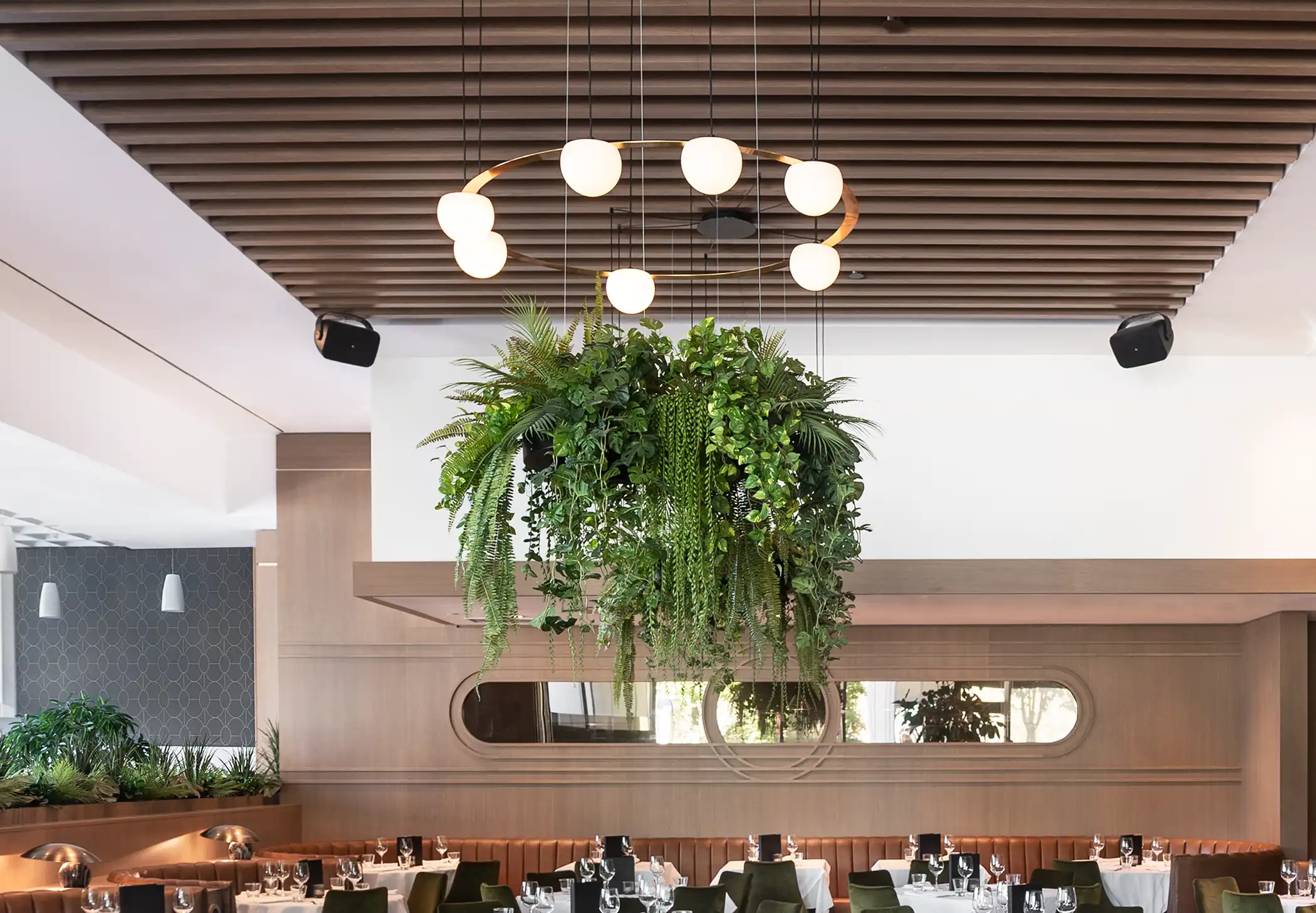 Circ Round Pendant, 7 Lights, White Glass with Gold Hardware and Faux Greenery, Recessed Mount, LED, Triac Dim, IP20