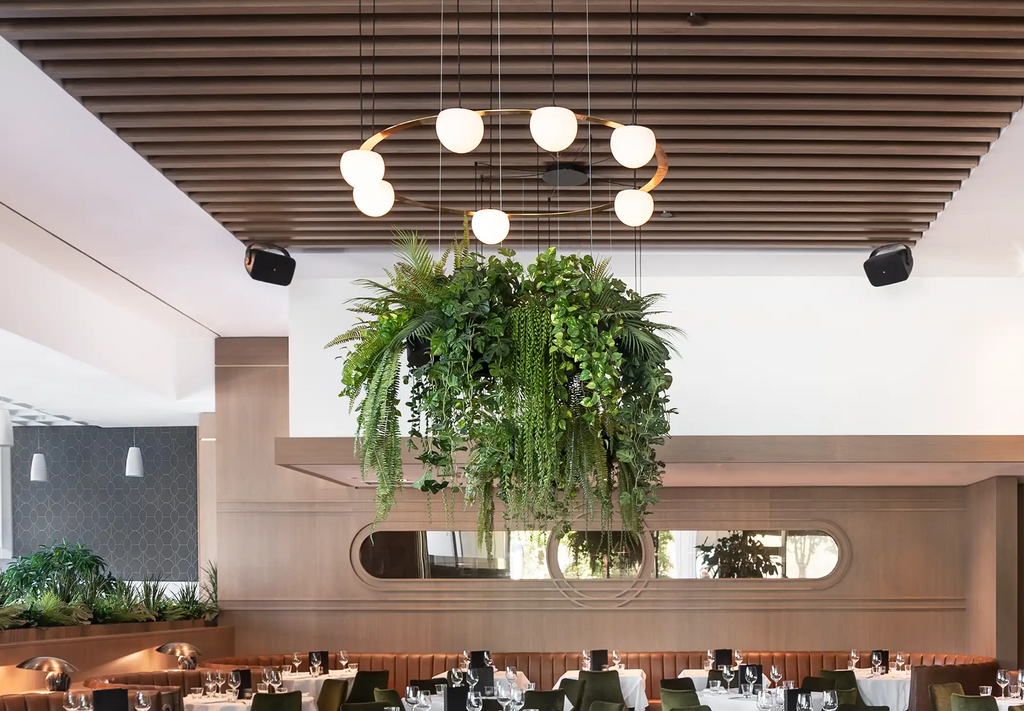 Circ Round Pendant, 7 Lights, White Glass with Gold Hardware and Faux Greenery, Surface Mount, LED, Triac Dim, IP20