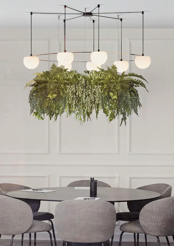 Circ Round Pendant, 7 Lights, White Glass with Gold Hardware and Faux Greenery, Recessed Mount, LED, Triac Dim, IP20