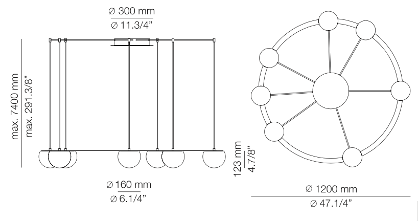 Circ Round Ceiling, 7 Lights, White Glass with Gold Hardware, Surface Mount, LED, Triac Dim, IP20