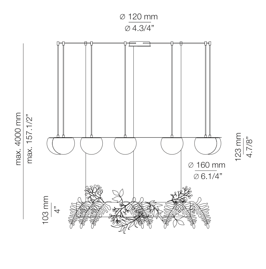 Circ Round Pendant, 7 Lights, White Glass with Gold Hardware and Faux Greenery, Recessed Mount, LED, Triac Dim, IP20