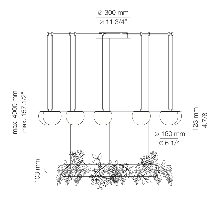 Circ Round Pendant, 7 Lights, White Glass with Gold Hardware and Faux Greenery, Surface Mount, LED, Triac Dim, IP20
