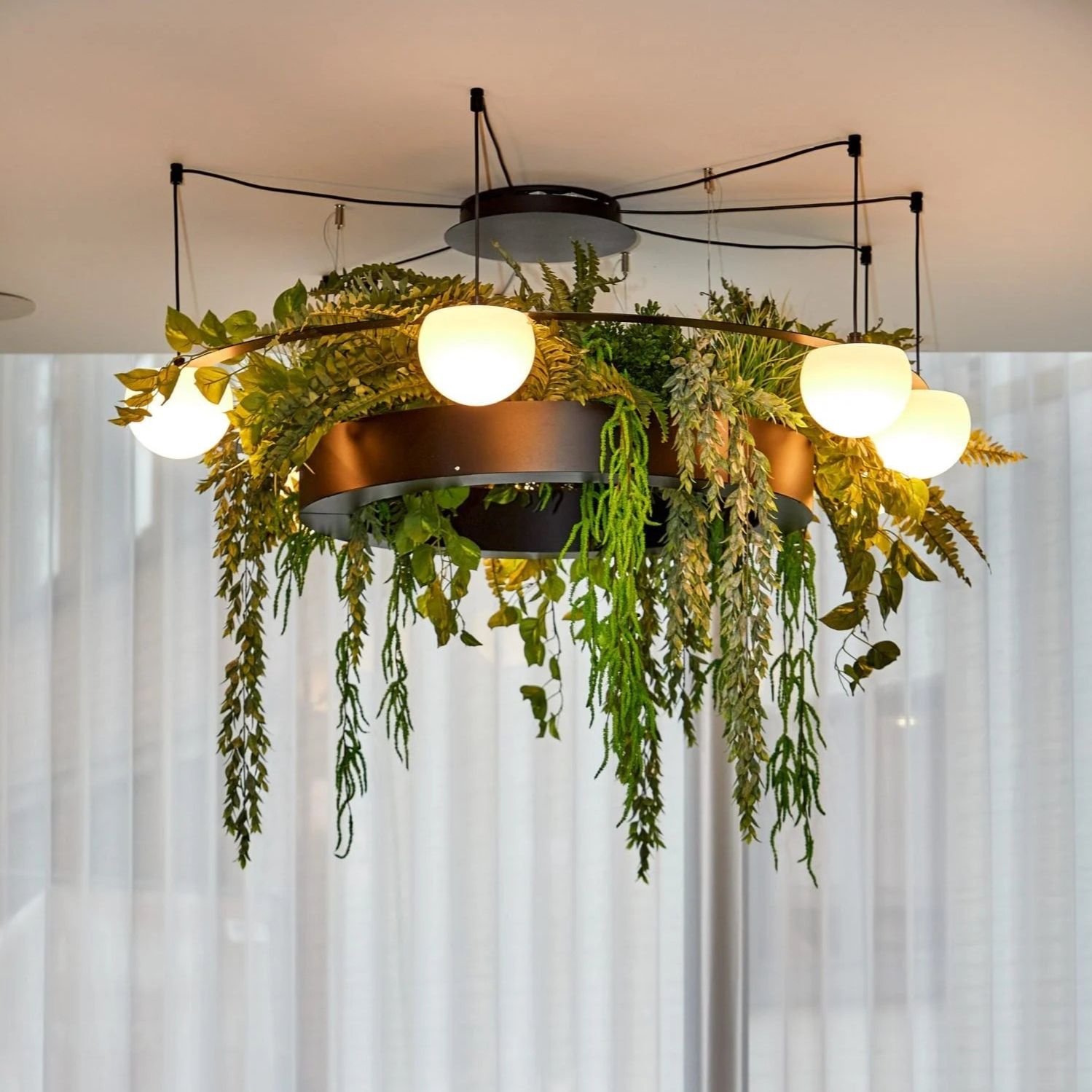 Circ Round Pendant, 7 Lights, White Glass with Black Hardware and Faux Greenery, Surface Mount, LED, Triac Dim, IP20