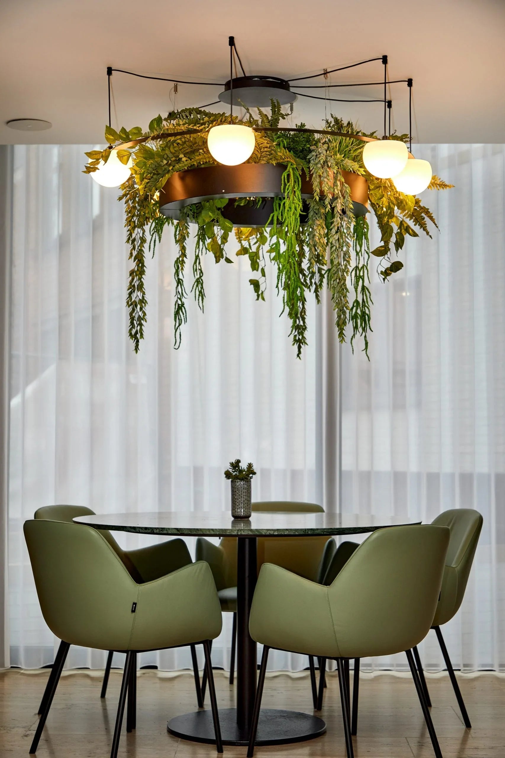 Circ Round Pendant, 7 Lights, White Glass with Black Hardware and Faux Greenery, Recessed Mount, LED, Triac Dim, IP20