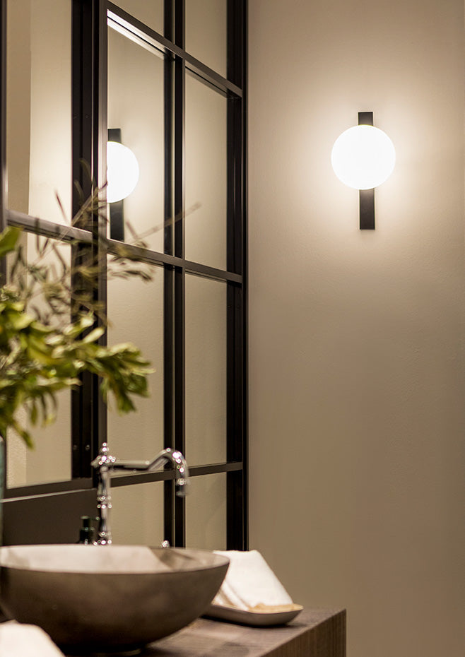 Circ Wall Light, White Glass with Satin Gold Strap, LED, Triac Dim, IP44