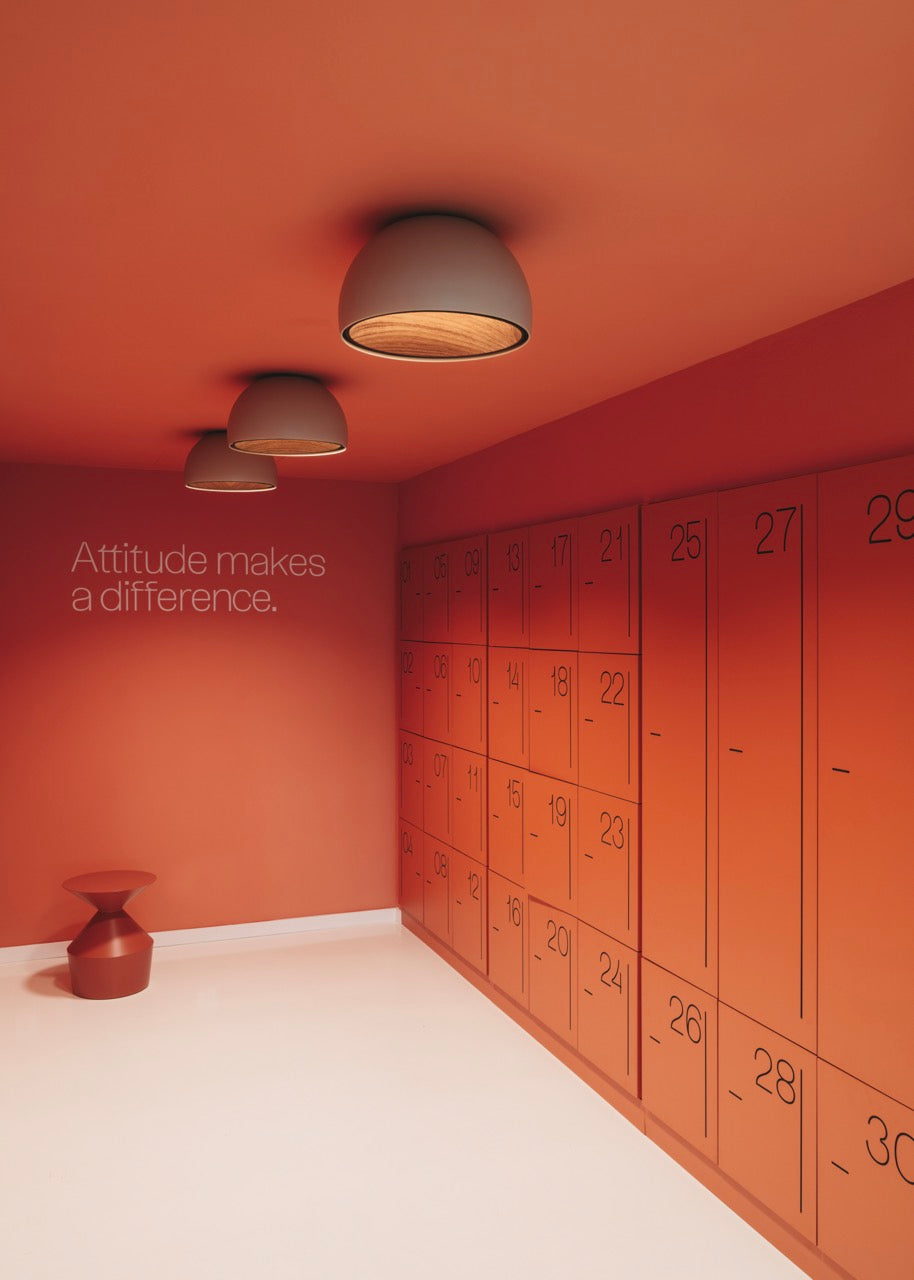 Duo Ceiling, Dome Tilted Small, 35 cm ø, Cream with Wood Interior, 12W, LED, Dim