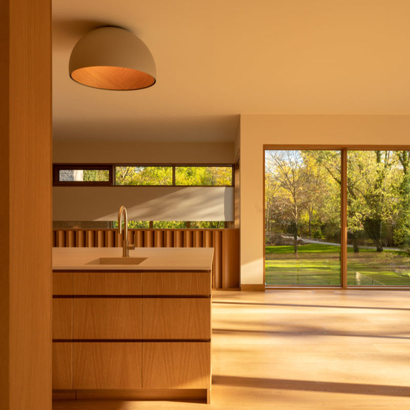 Duo Ceiling, Dome Tilted Small, 35 cm ø, White with Wood Interior, 12W, LED, Dim