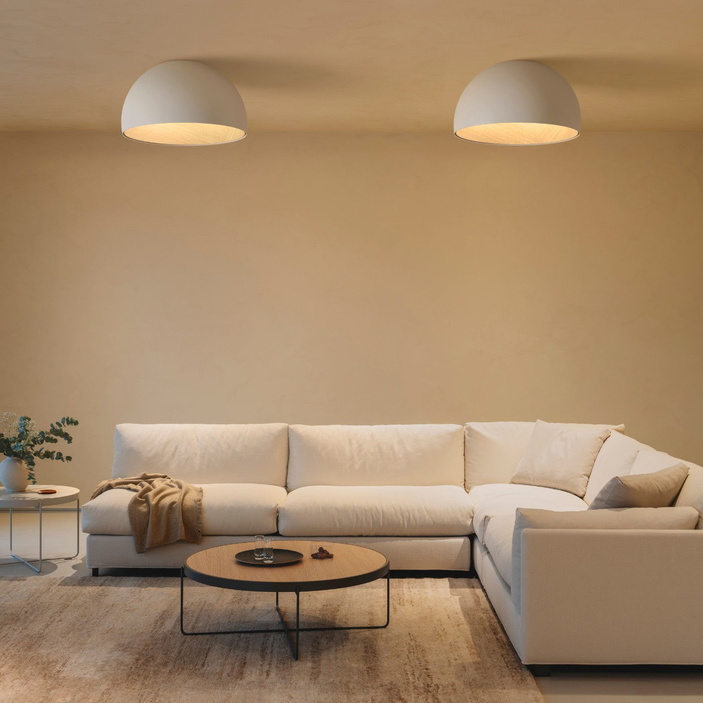 Duo Ceiling, Dome Straight Small, 35 cm ø, White with Wood Interior, 12W, LED, Dim