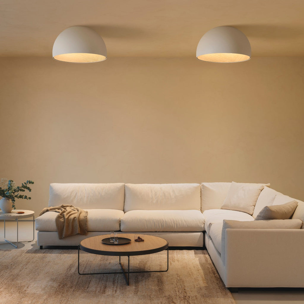 Duo Ceiling, Dome Tilted Large, 70 cm ø, Cream with Wood Interior, 26.5W, LED, Dim