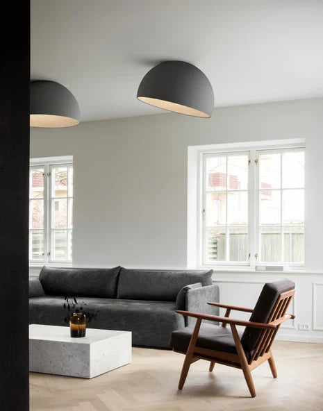 Duo Ceiling, Dome Tilted Large, 70 cm ø, Cream with Wood Interior, 26.5W, LED, Dim