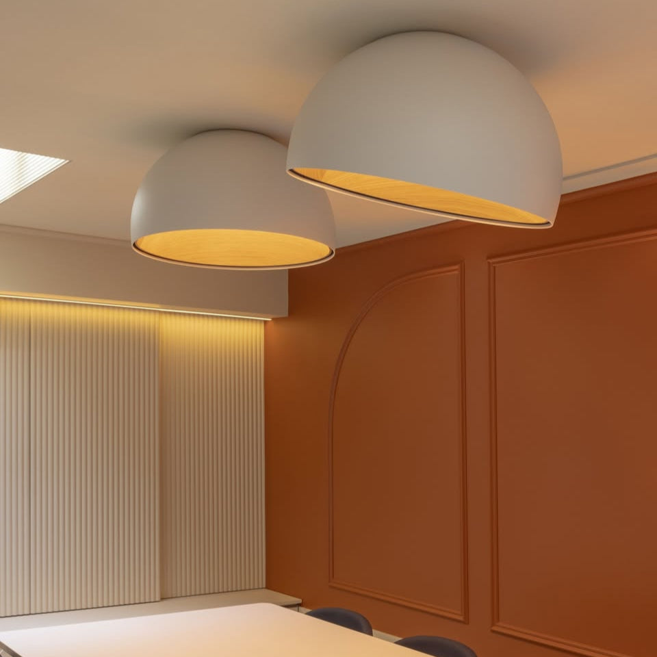 Duo Ceiling, Dome Straight Large, 70 cm ø, Cream with Wood Interior, 26.5W, LED, Dim
